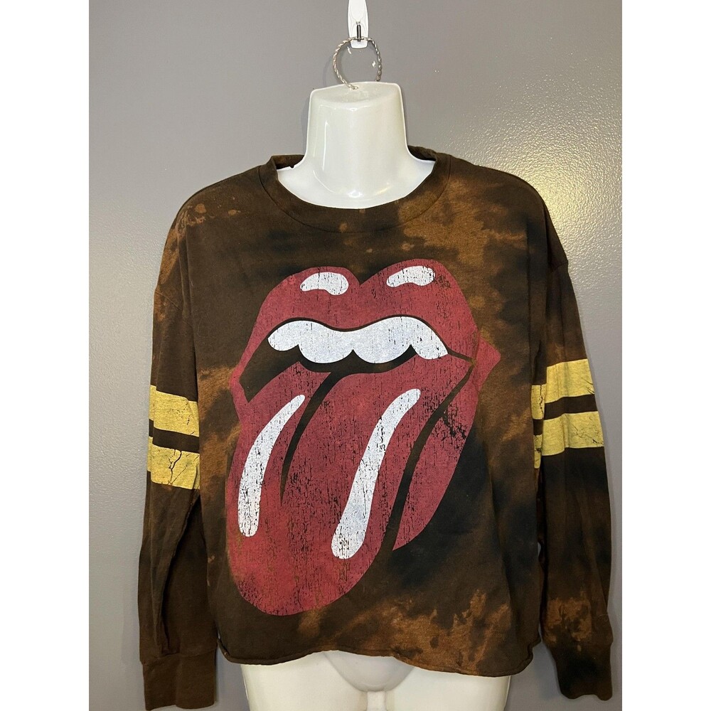 The Rolling Stones Shirt Womens Medium Brown Bleach Tie Dye Cropped Long Sleeve